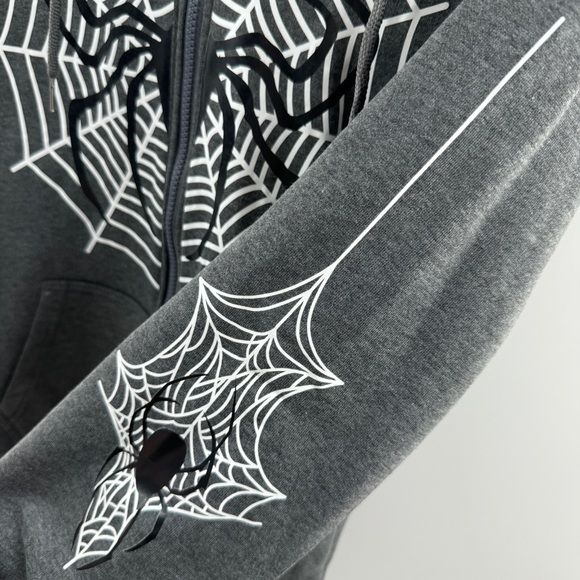 Charcoal Grey Zip Up Hoodie with Spider & Web Graphic Size Large - Picture 6 of 6
